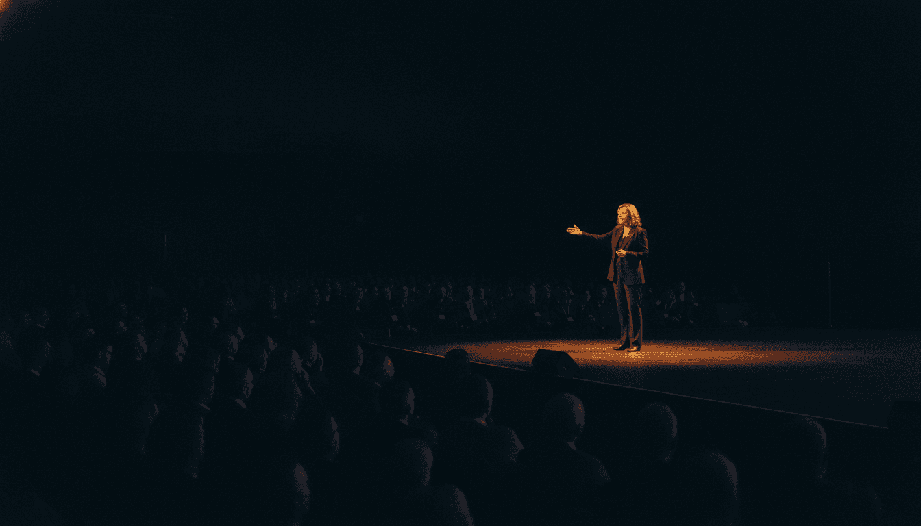 A keynote speaker on a darkened conference stage, lit by a single warm light, addressing a large audience.