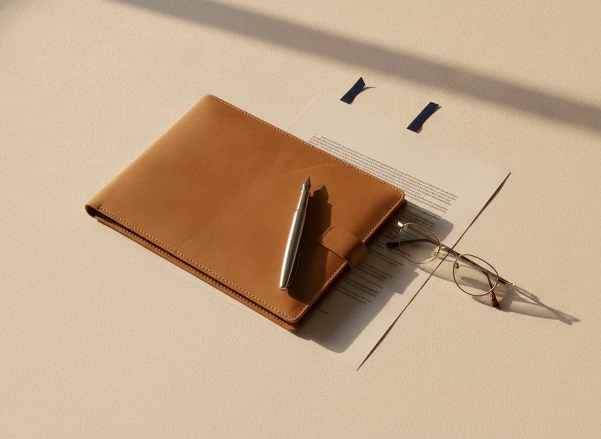 A tan leather portfolio, a fountain pen, and reading glasses resting on a printed speaker shortlist marked with navy ribbon tabs in warm light.
